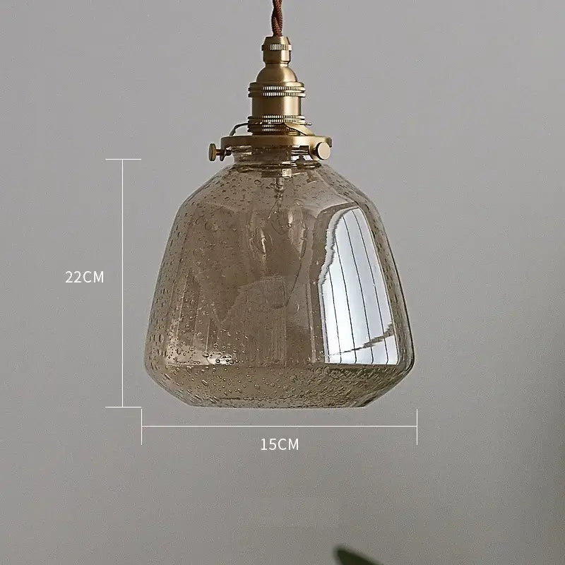 Vintage brass glass led pendant lamp with amber textured shade and brass finished fixture for dining room lighting