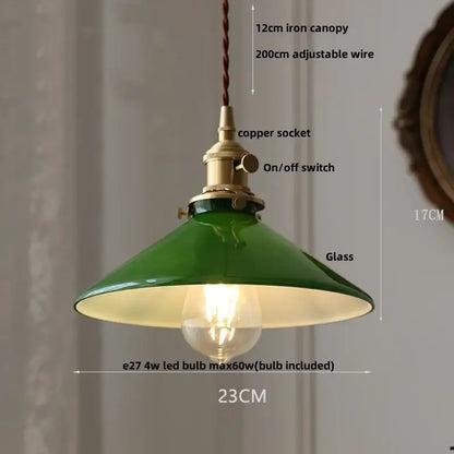 Vintage brass glass led pendant light featuring a green glass led pendant with brass copper socket and switch
