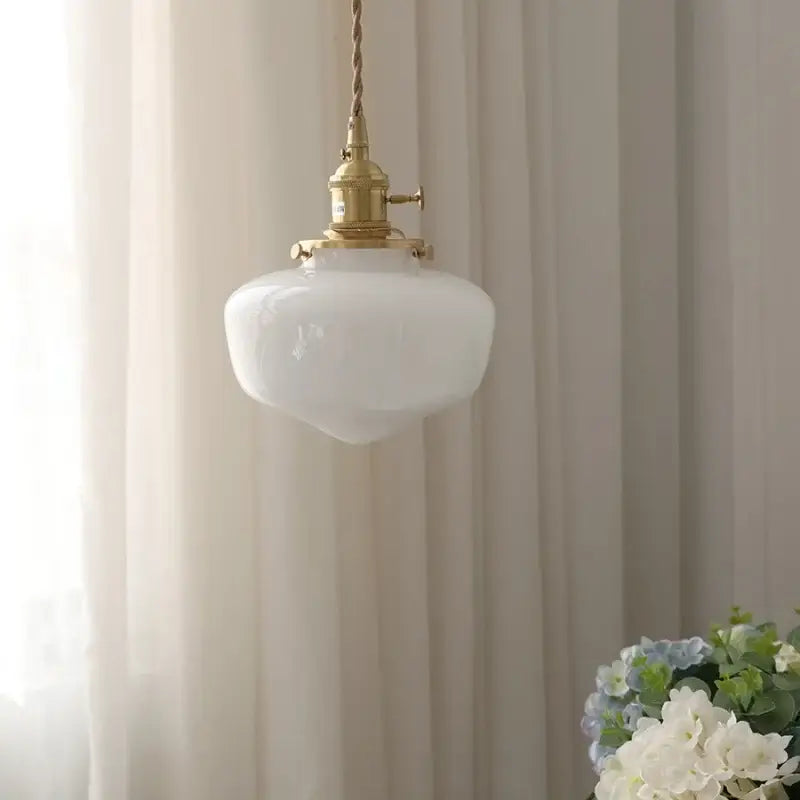 Vintage brass glass led pendant light with frosted white shade and brass hardware for kitchen hanging illumination