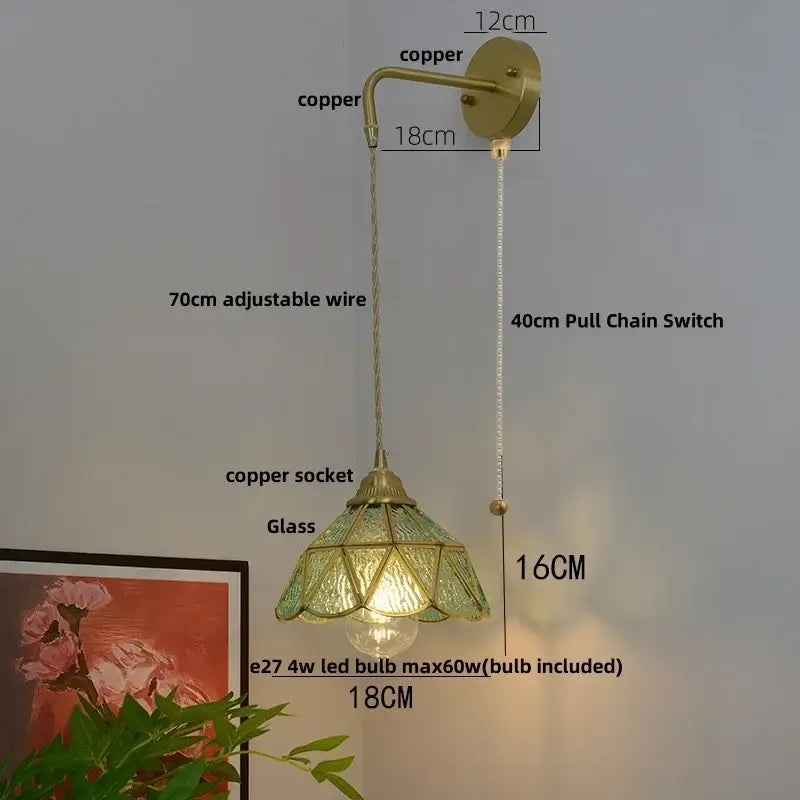 Vintage brass glass led wall sconce with green stained glass shade, antique brass finish, and adjustable 70cm wire by decorbites glass brass