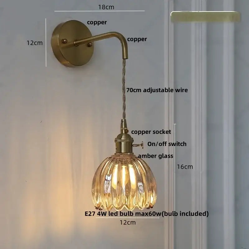 Copper wall light with ribbed amber glass shade and adjustable wire suitable for decorbites led wall lighting