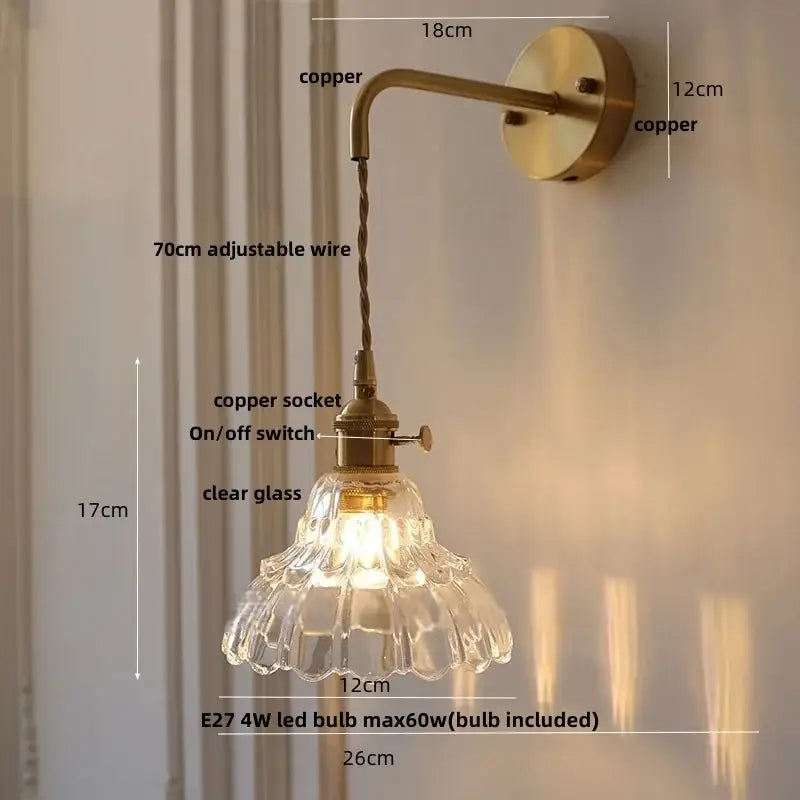 Vintage brass wall light with copper sconce, clear fluted glass shade, and adjustable wire from decorbites led wall collection