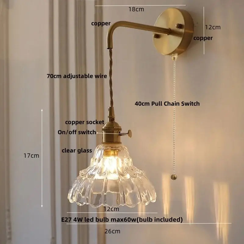 Vintage brass wall light with green glass shade and adjustable copper wire designed for bedroom decorbites led wall use
