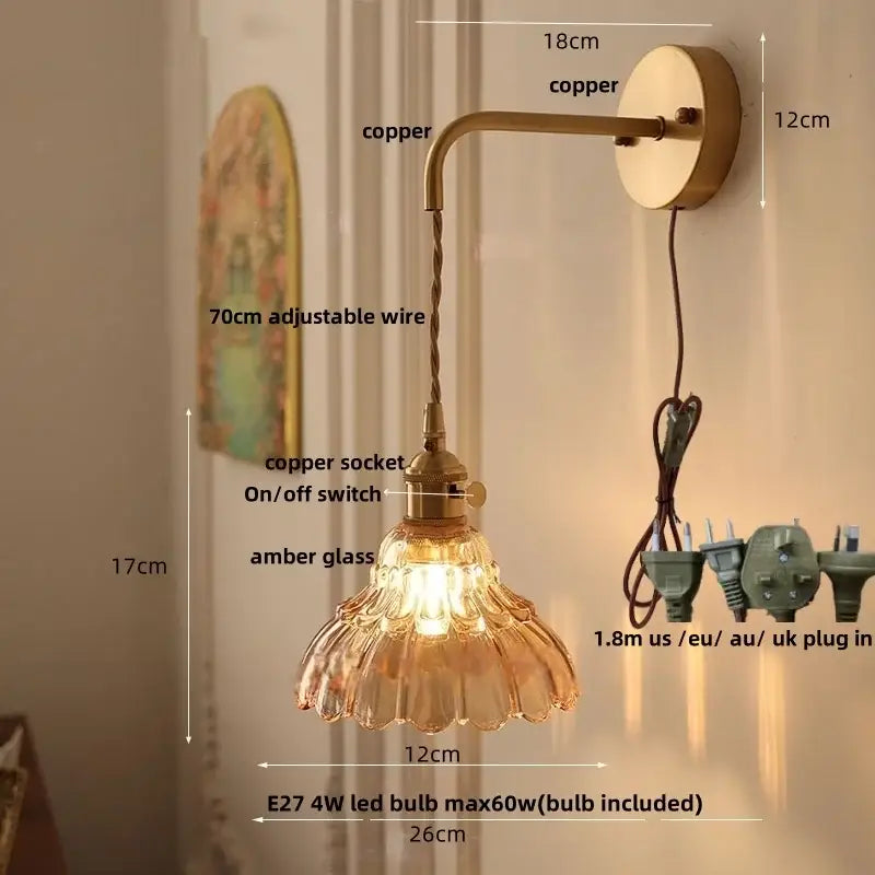Vintage brass wall light with scalloped amber glass shade and pull chain ideal for bedroom decorbites led wall