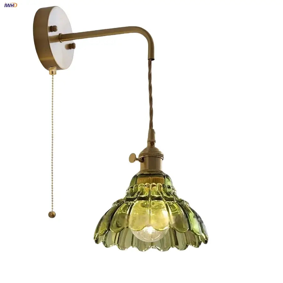 Vintage brass green glass wall light with petal-shaped shade and ornate pull chain switch for decorbites led wall use