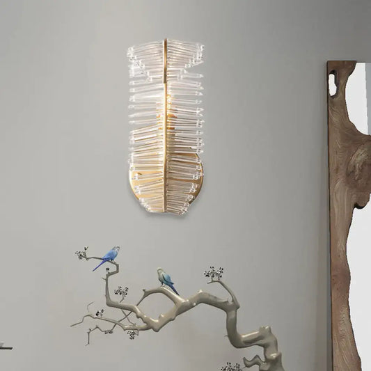 Vintage brass leaf glass sconce with clear feather-shaped glass and gold-toned frame for living room direct wired light fixture
