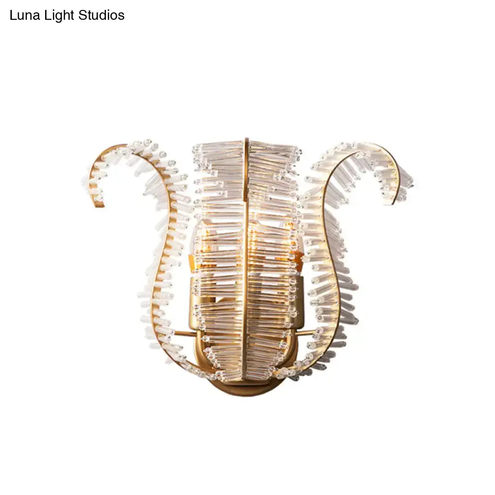 Vintage brass leaf glass living room light fixture with gold-toned direct wired electric sconce and crystal rods lyre design