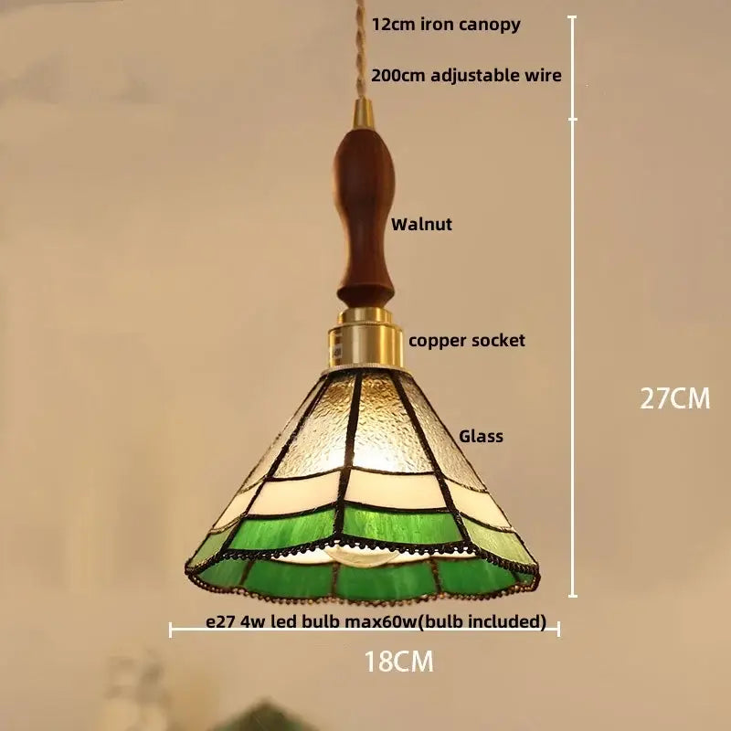 Vintage brass led pendant light with walnut iron canopy and green cream stained glass shade for decorbites brass led pendant