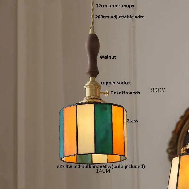 Vintage brass led pendant light with amber glass panels and walnut-finished iron canopy for dining room decorbites brass led