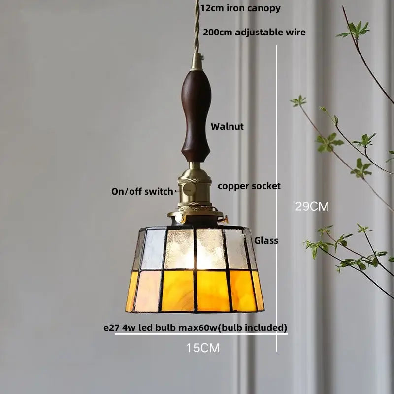 Vintage brass led pendant light with dark walnut wooden handle amber stained glass shade for dining room decorbites brass led