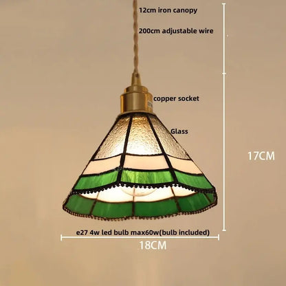 Vintage brass led pendant light featuring a tiffany-inspired conical glass shade with green and frosted clear bands