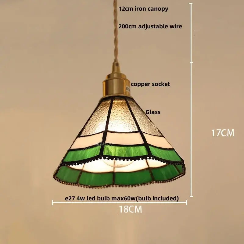 Vintage brass led pendant light featuring a tiffany-inspired conical glass shade with green and frosted clear bands