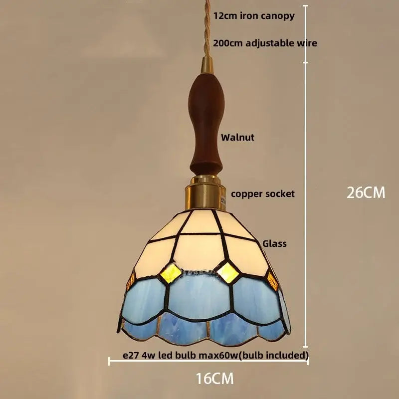 Vintage brass led pendant light with tiffany-style stained glass panels, walnut handle, and copper socket decorbites brass led