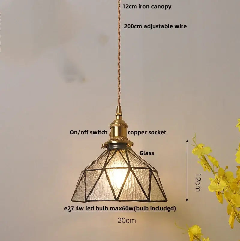 Vintage brass led pendant light with antique brass finish, geometric glass shade, copper wiring for dining room decorbites brass vintage