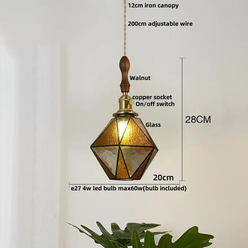 Vintage brass led pendant light with amber stained glass panels copper socket and walnut handle for dining room decorbites brass vintage