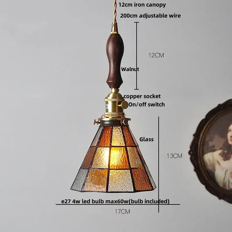 Vintage brass led pendant light with walnut iron canopy and amber frosted stained glass panels for dining room decorbites brass vintage
