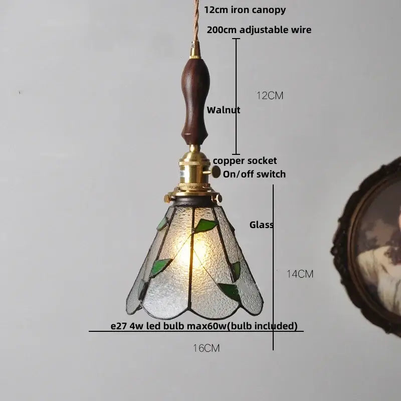 Vintage brass led pendant light with dark walnut canopy stained glass shade green leaf motifs for dining room decorbites brass vintage