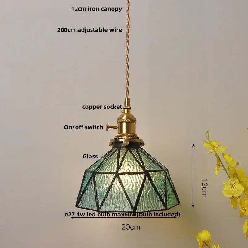 Vintage brass led pendant light with faceted green glass shade, brass vintage copper socket, ideal for dining room decorbites