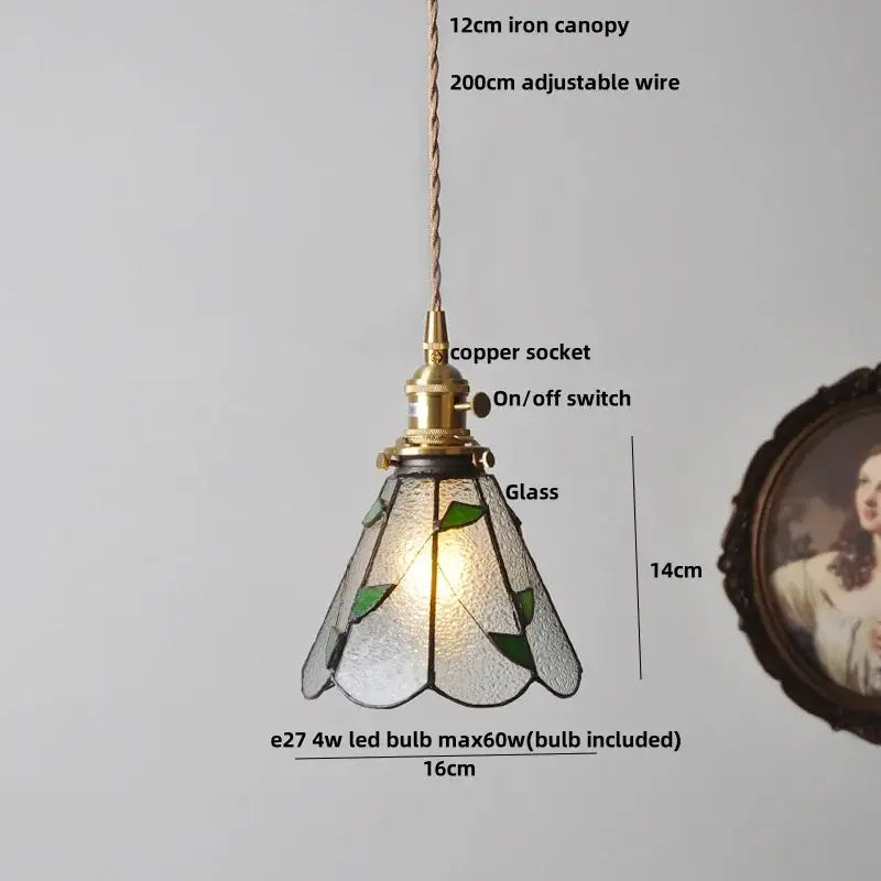 Vintage brass led pendant light with green leaf motifs on frosted glass panels and brass copper socket for dining room decor
