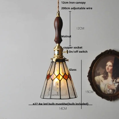 Vintage brass led pendant light with stained glass amber and clear panels suspended by copper wire for dining room decorbites brass vintage