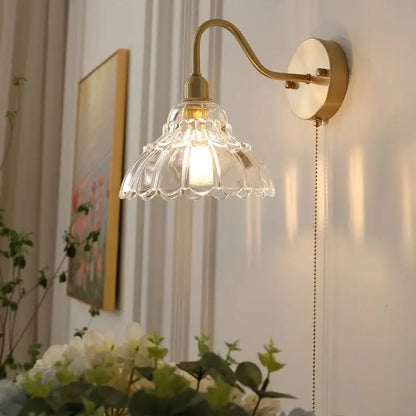 Vintage brass led wall light with scalloped clear fluted glass shade and pull chain for bedroom decorbites brass led wall