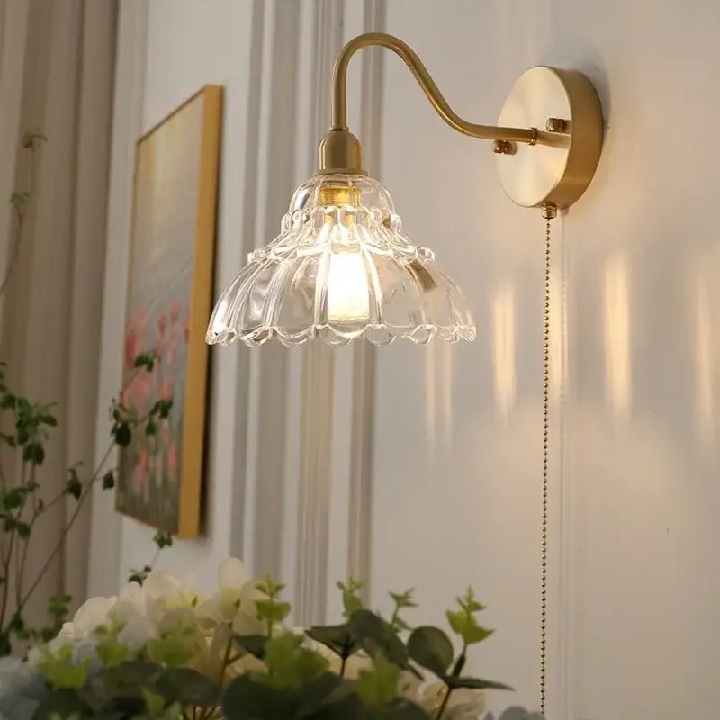 Vintage brass led wall light with scalloped clear fluted glass shade and pull chain for bedroom decorbites brass led wall