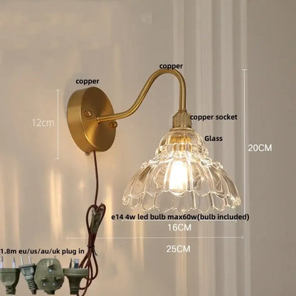 Vintage brass led wall light with brass copper finish and ornate fluted glass shade for bedroom decorbites brass led wall decor