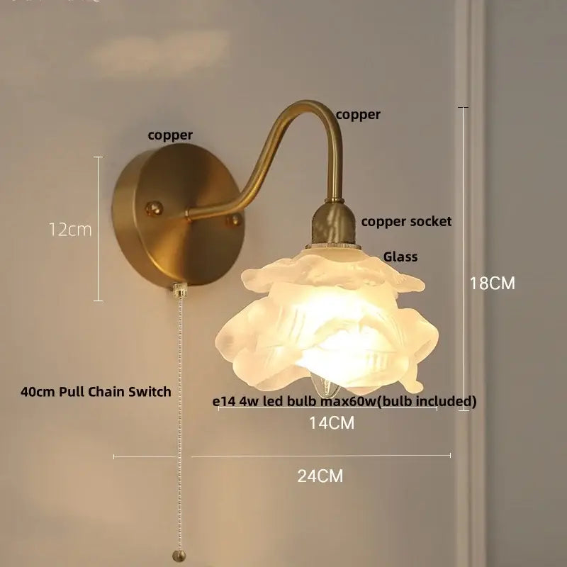 Vintage brass led wall sconce with antique brass finish, translucent glass flower shade, pull chain, and 4w led bulb included