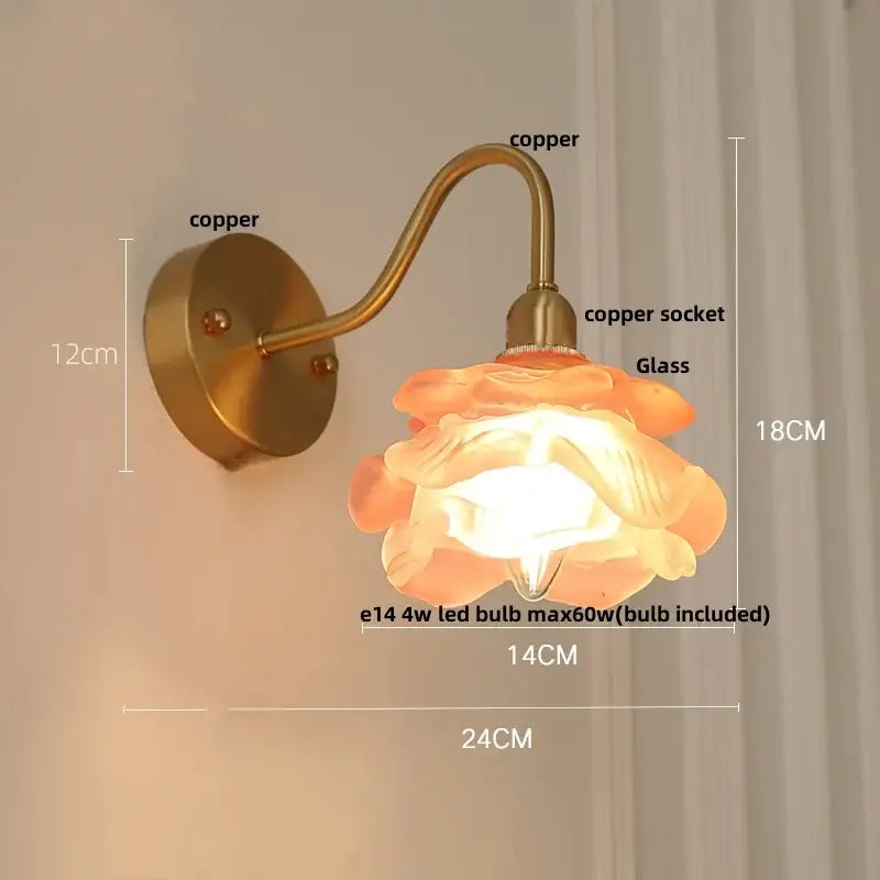 Vintage brass led wall sconce with pull chain featuring copper finish and peach glass flower shade decorbites brass led wall