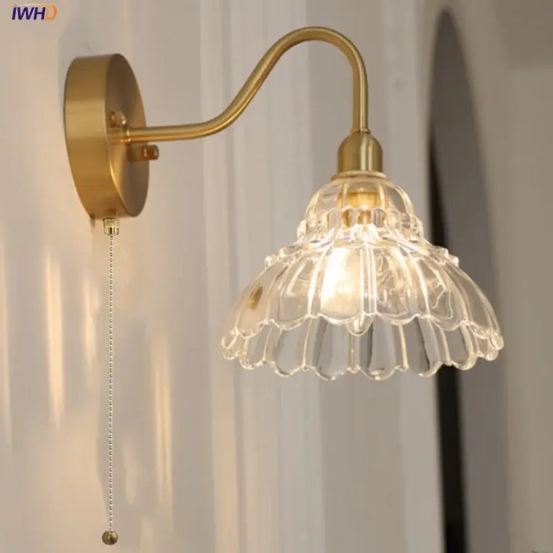 Vintage brass led wall sconce with clear fluted glass shade and pull chain switch for bathroom vanity decorbites brass led