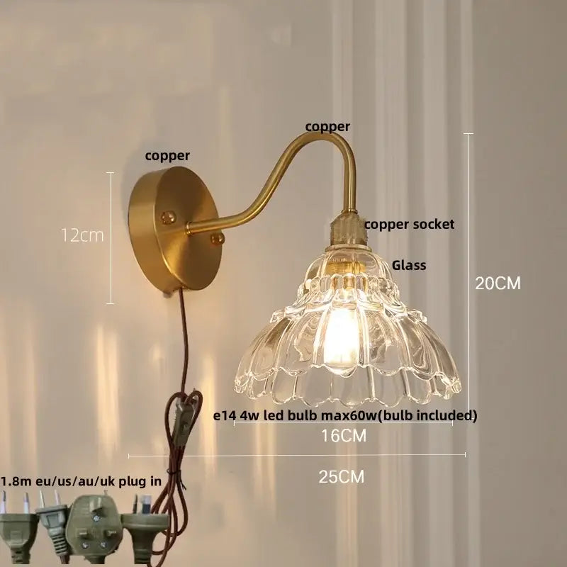 Vintage brass led wall sconce with pull chain featuring a brass copper finish and ornate fluted glass shade decorbites brass led wall