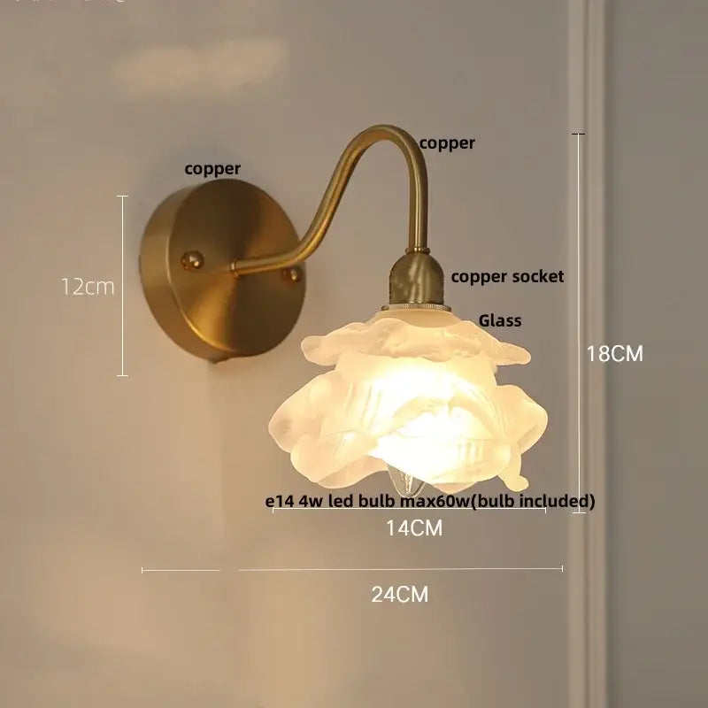 Vintage brass led wall sconce with antique brass copper body and translucent glass rose shade for bathroom vanity decorbites brass led wall