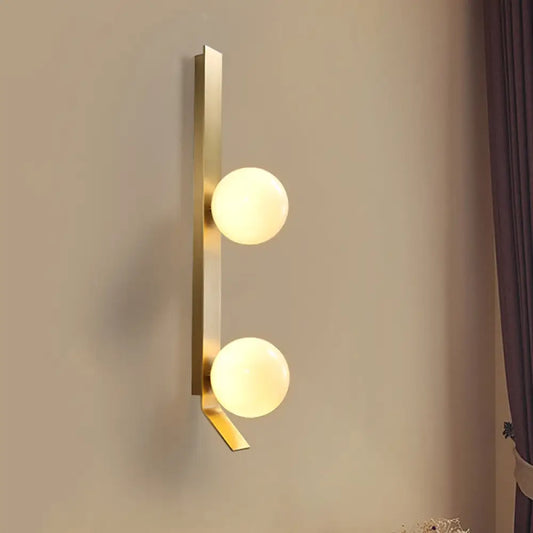 Vintage Brass Linear Wall Light with Orb Ivory Glass Shade - Metallic Sconce Lamp (2-Head Fixture)