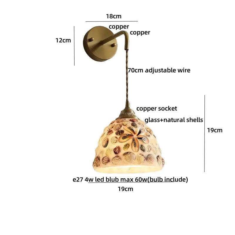 Vintage brass mosaic glass shell led wall lights featuring a decorative copper sconce with seashells and floral design