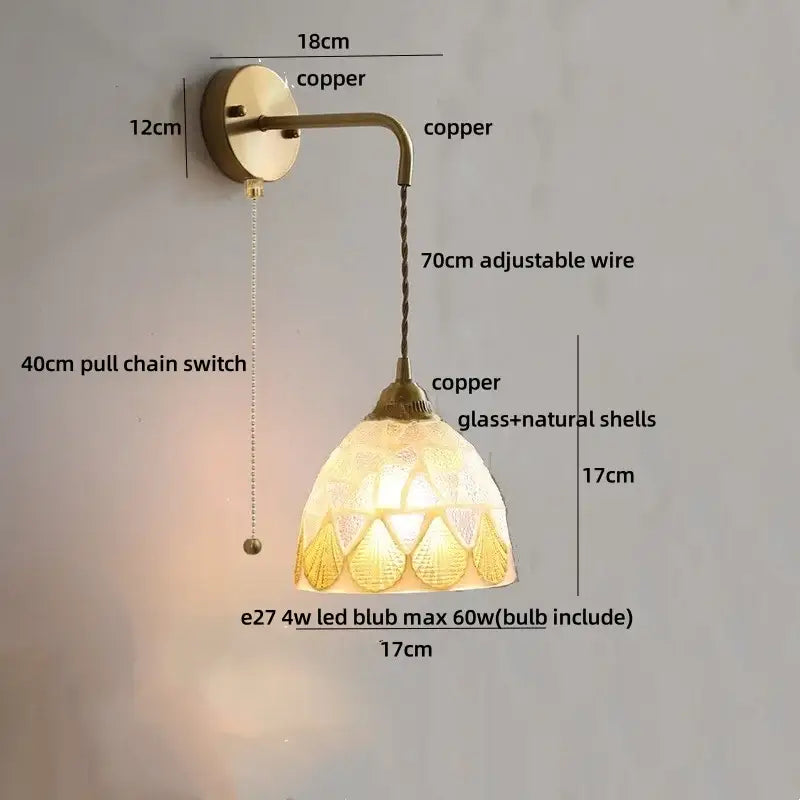 Antique brass mosaic glass shell led wall light with frosted shade and intricate natural shell patterns for bedroom decor