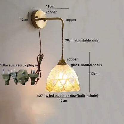 Vintage brass mosaic glass shell led wall lights featuring antique brass finish and handcrafted natural shell shade with leaf patterns