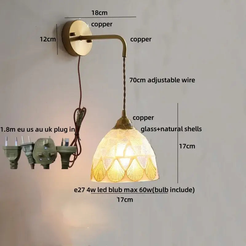 Vintage brass mosaic glass shell led wall lights featuring antique brass finish and handcrafted natural shell shade with leaf patterns