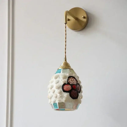Vintage brass mosaic shell led wall light with white glass shell shade and colorful seashell decor for bedroom use