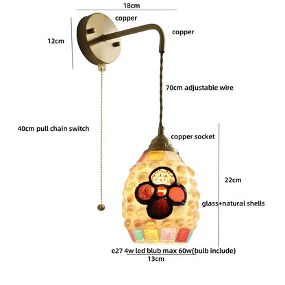 Vintage brass wall lights featuring a copper mosaic glass shell led shade with colorful floral natural shell design for bedroom decor