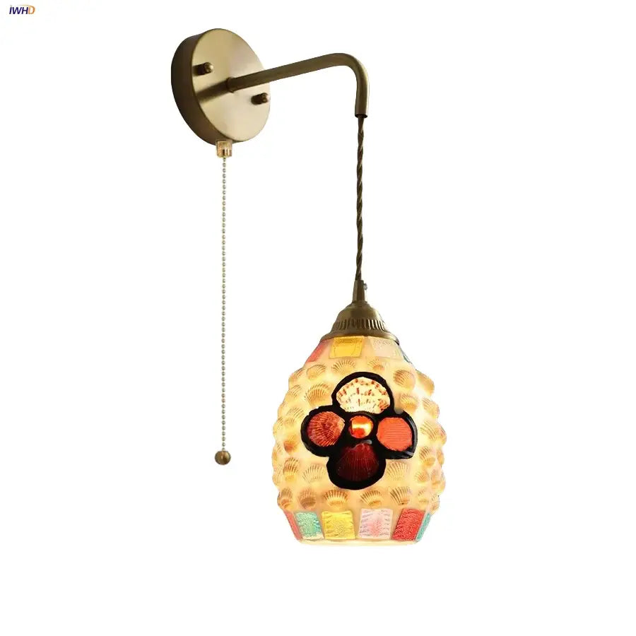 Vintage brass mosaic glass shell led wall lights with colorful mosaic shade for bedroom decor and ambient lighting