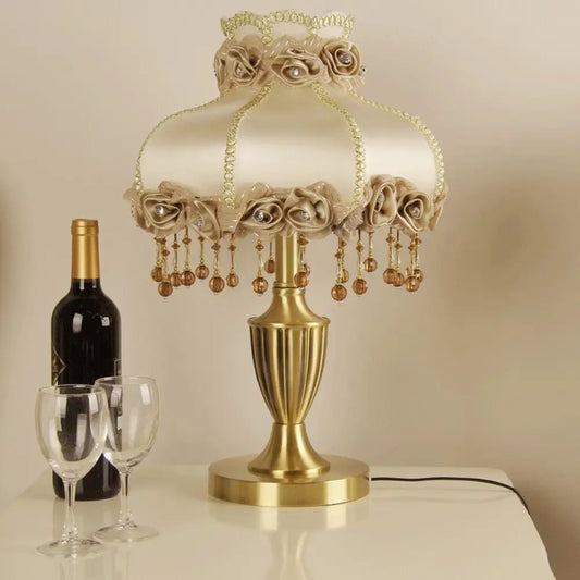 Vintage Brass Nightstand Lamp with Fabric Flower Table Light and Beaded Trim
