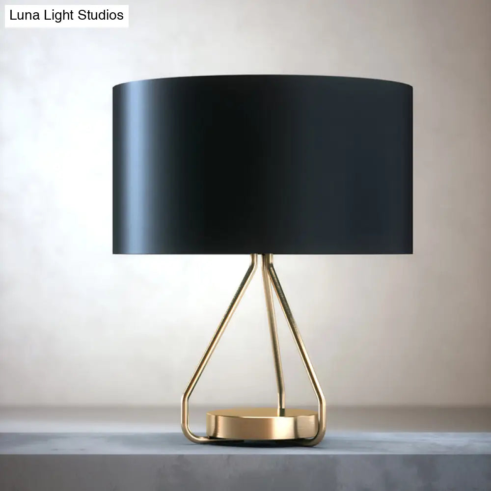 Vintage Brass Open Cage Night Lamp: 1-Light Metal Table Lighting with Drum Fabric Shade