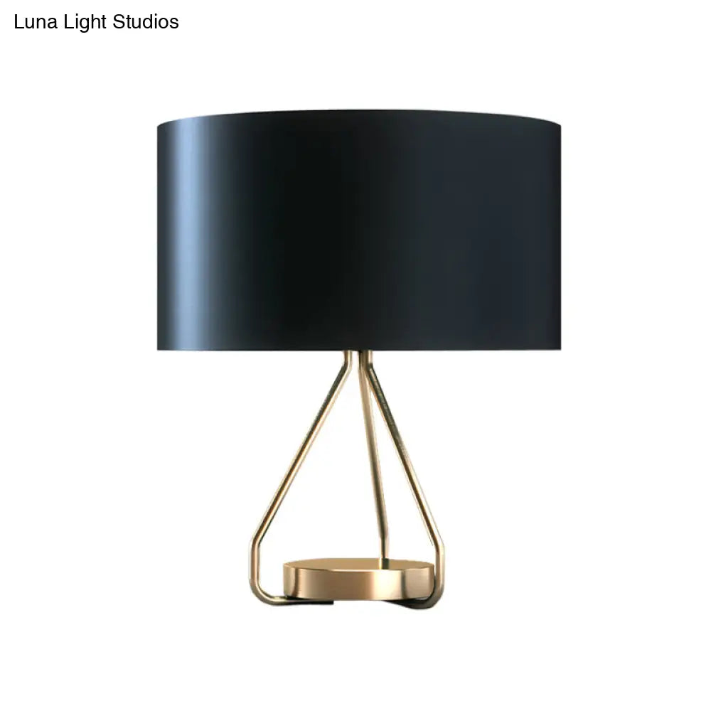 Vintage Brass Open Cage Night Lamp: 1-Light Metal Table Lighting with Drum Fabric Shade