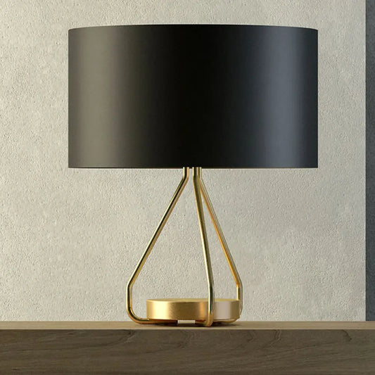 Vintage Brass Open Cage Night Lamp: 1-Light Metal Table Lighting with Drum Fabric Shade