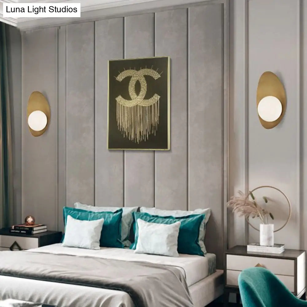 Vintage Brass Oval Wall Sconce Lamp with White Glass Shade - Postmodern Design