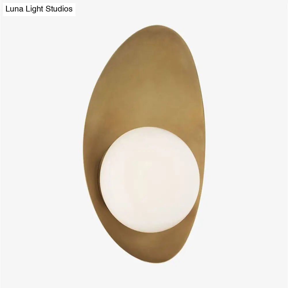 Vintage Brass Oval Wall Sconce Lamp with White Glass Shade - Postmodern Design