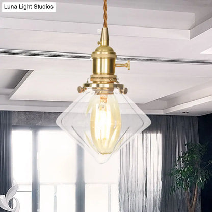 Vintage Brass Pendant Light: Single Light Gem Suspension with Ribbed Glass