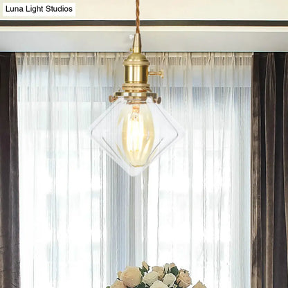 Vintage Brass Pendant Light: Single Light Gem Suspension with Ribbed Glass