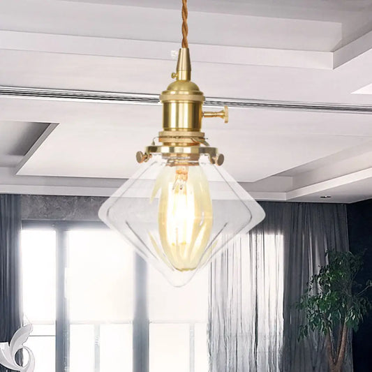 Vintage Brass Pendant Light: Single Light Gem Suspension with Ribbed Glass