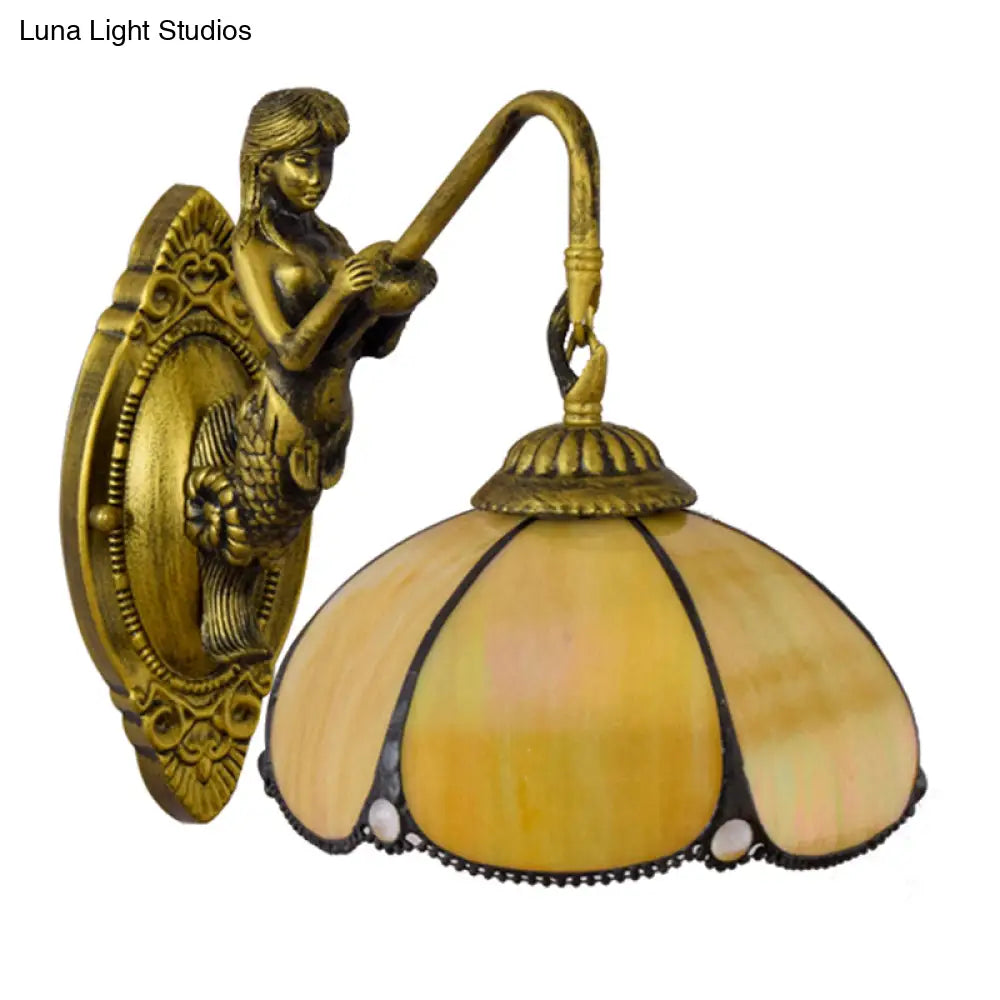 Vintage Brass Petal Wall Light Tiffany 1-Light Yellow Glass Sconce with Mermaid Decoration